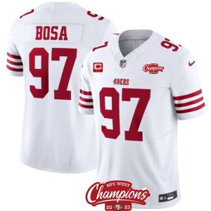 Men's San Francisco 49ers #97 Nick Bosa White 2023 F.U.S.E. With 2-star C Patch And NFC West Champions Patch Stitched Football Jersey - Custom Name