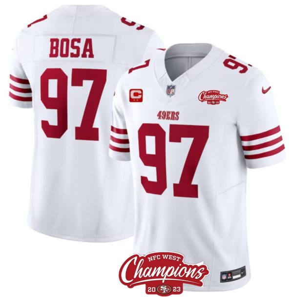 Men's San Francisco 49ers #97 Nick Bosa White 2023 F.U.S.E. With 2-star C Patch And NFC West Champions Patch Stitched Football Jersey - Custom Name