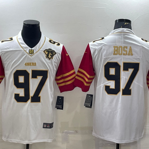 Men's San Francisco 49ers #97 Nick Bosa White Gold With 75th Anniversary Patch Stitched Jersey - Custom Name