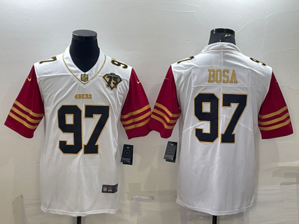 Men's San Francisco 49ers #97 Nick Bosa White Gold With 75th Anniversary Patch Stitched Jersey - Custom Name