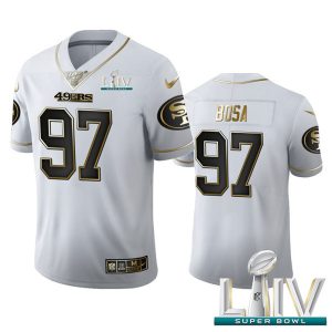 Men's San Francisco 49ers #97 Nick Bosa White With Super Bowl Patch 100th Season Golden Edition Limited Stitched NFL Jersey - Custom Name