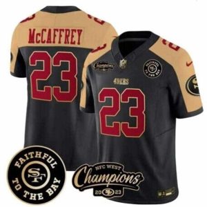 Men's San Francisco 49ers Active Player Custom Black Faithful & 2023 F.U.S.E. West Champions Patch Vapor Limited Stitched Football Jersey - Custom Name