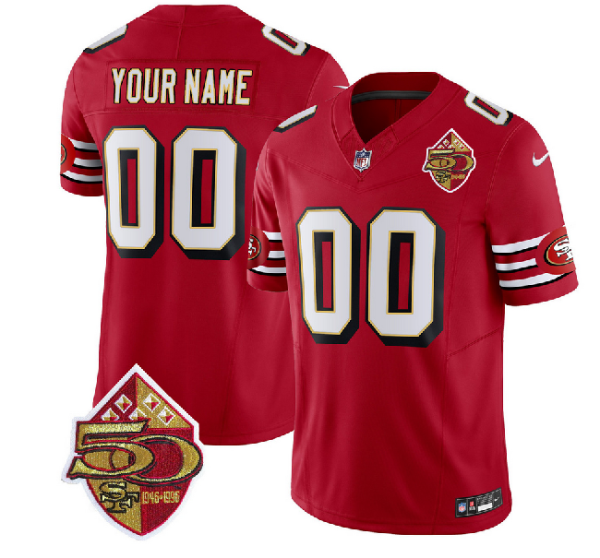 Men's San Francisco 49ers Active Player Custom Red 2023 F.U.S.E. 50th Patch Vapor Limited Stitched Football Jersey - Custom Name