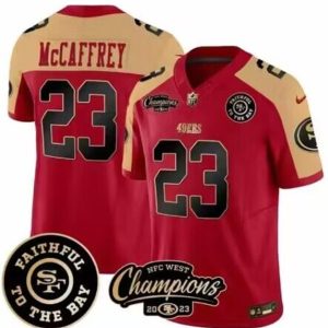 Men's San Francisco 49ers Active Player Custom Red Faithful & 2023 F.U.S.E. West Champions Patch Vapor Limited Stitched Football Jersey - Custom Name