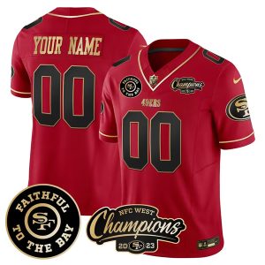 Men's San Francisco 49ers Active Player Custom Red Faithful & 2023 F.U.S.E. West Champions Patch Vapor Limited Stitched Football Jersey1 - Custom Name