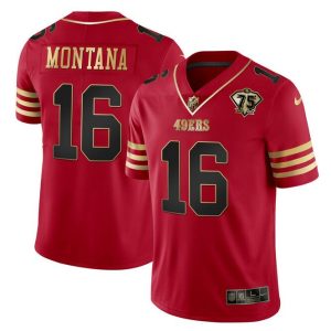 Men's San Francisco 49ers Active Player Custom Red Gold With 75th Anniversary Patch Stitched Jersey - Custom Name