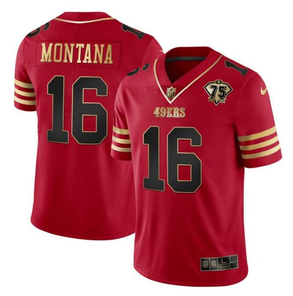 Men's San Francisco 49ers Active Player Custom Red Gold With 75th Anniversary Patch Stitched Jersey - Custom Name