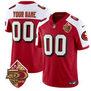 Men's San Francisco 49ers Active Player Custom Red-White 2023 F.U.S.E. 50th Patch Throwback Stitched Football Jersey - Custom Name