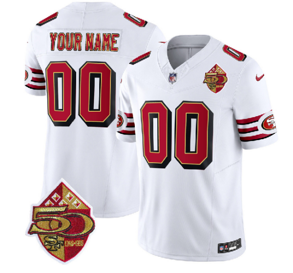 Men's San Francisco 49ers Active Player Custom White 2023 F.U.S.E. 50th Patch Vapor Untouchable Limited Stitched Football Jersey - Custom Name
