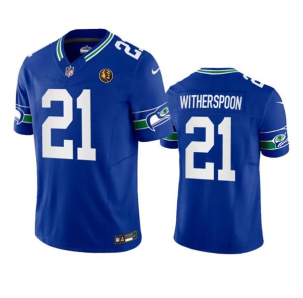Men's Seattle Seahawks #21 Devon Witherspoon Royal 2023 F.U.S.E. Throwback With John Madden Patch Vapor Limited Stitched Football Jersey - Custom Name