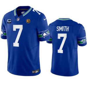 Men's Seattle Seahawks #7 Geno Smith Blue 2023 F.U.S.E. Throwback With 1-star C Patch And John Madden Patch Vapor Limited Stitched Football Jersey - Custom Name