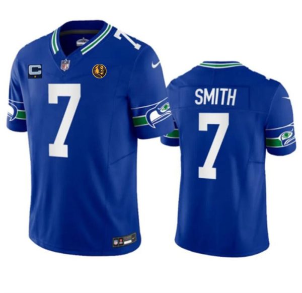 Men's Seattle Seahawks #7 Geno Smith Blue 2023 F.U.S.E. Throwback With 1-star C Patch And John Madden Patch Vapor Limited Stitched Football Jersey - Custom Name