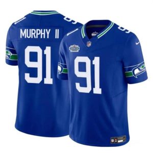 Men's Seattle Seahawks #91 Byron Murphy II Royal 2024 With Dradt Patch F.U.S.E Throwback Vapor Limited Stitched Football Jersey - Custom Name
