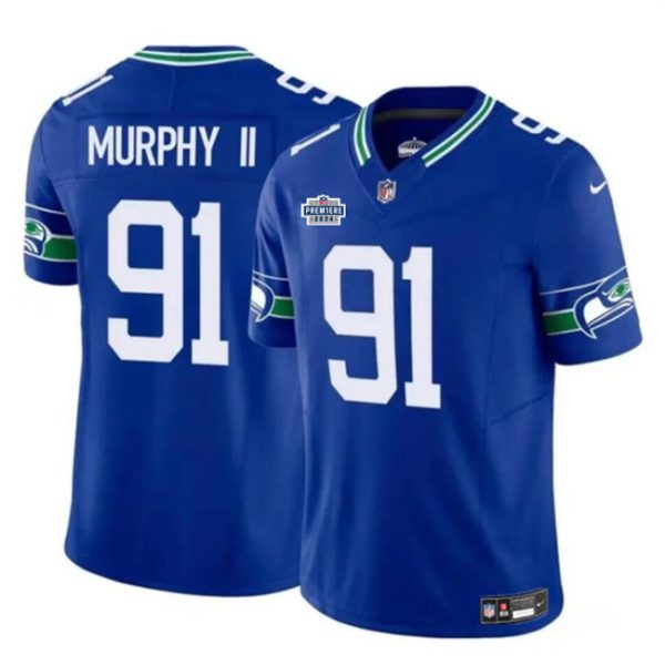 Men's Seattle Seahawks #91 Byron Murphy II Royal 2024 With Dradt Patch F.U.S.E Throwback Vapor Limited Stitched Football Jersey - Custom Name