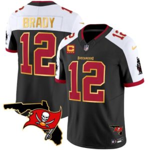 Men's Tampa Bay Buccaneers #12 Tom Brady Black-White F.U.S.E. With 4-star C Ptach And Florida Patch Gold Trim Vapor Stitched Jersey - Custom Name