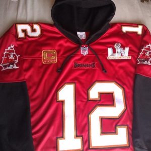 Men's Tampa Bay Buccaneers #12 Tom Brady Red Super Bowl LV With C Patch Pullover Hoodie- Custom Name