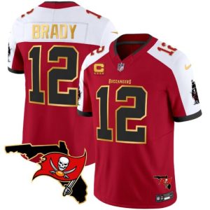 Men's Tampa Bay Buccaneers #12 Tom Brady Red-White F.U.S.E. With 4-star C Ptach And Florida Patch Gold Trim Vapor Stitched Jersey - Custom Name