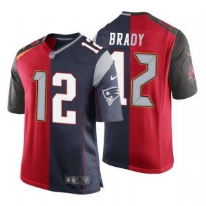 Men's Tampa Bay Buccaneers #12 Tom Brady Red and Navy NFL Split GOAT Stitched Jersey - Custom Name