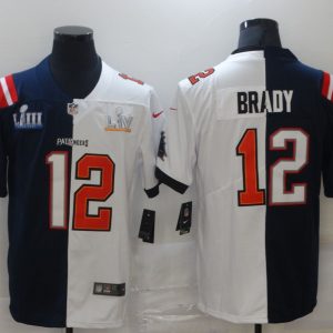 Men's Tampa Bay Buccaneers #12 Tom Brady White Navy Super Bowl Split GOAT Stitched Jersey - Custom Name