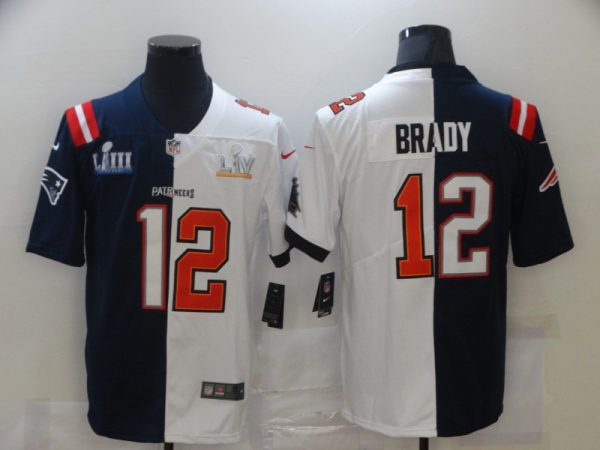 Men's Tampa Bay Buccaneers #12 Tom Brady White Navy Super Bowl Split GOAT Stitched Jersey - Custom Name