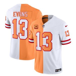 Men's Tampa Bay Buccaneers #13 Mike Evans 2023 F.U.S.E. White-Gold With 4-Star C Patch Split Throwback Limited Stitched Jersey - Custom Name