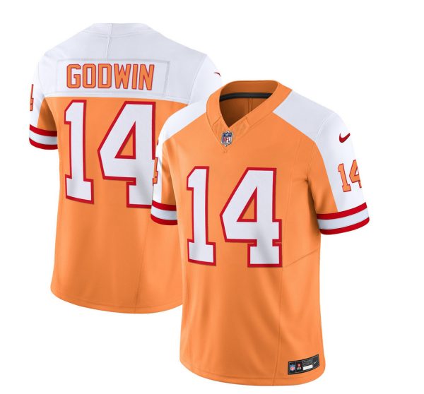 Men's Tampa Bay Buccaneers #14 Chris Godwin 2023 F.U.S.E. White-Gold With 4-Star C Patch Throwback Limited Stitched Jersey - Custom Name