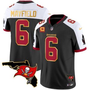 Men's Tampa Bay Buccaneers #6 Baker Mayfield Black-White F.U.S.E. With 4-star C Ptach And Florida Patch Gold Trim Vapor Stitched Jersey1 - Custom Name