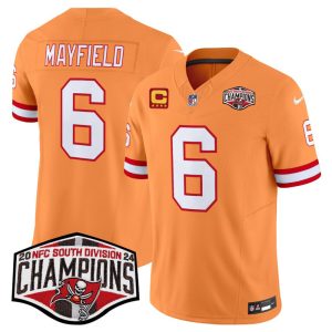 Men's Tampa Bay Buccaneers #6 Baker Mayfield Orange F.U.S.E. 2024 NFC South Champions With 4-Star C Patch Limited Stitched Jersey - Custom Name