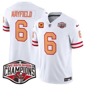 Men's Tampa Bay Buccaneers #6 Baker Mayfield White F.U.S.E. 2024 NFC South Champions With 4-Star C Patch Limited Stitched Jersey - Custom Name