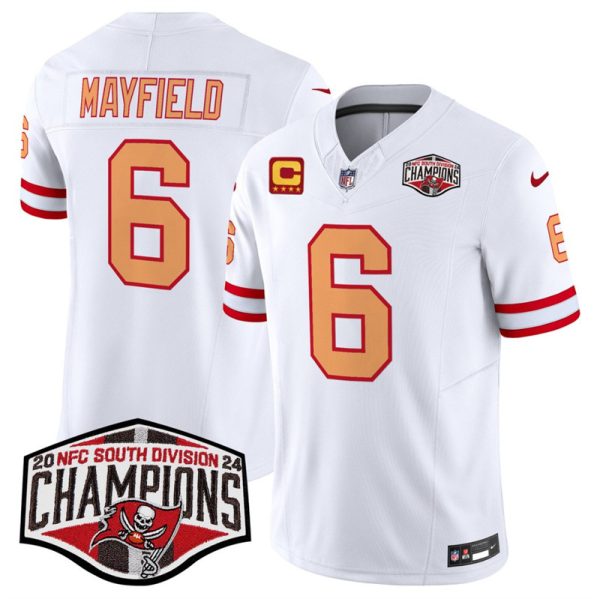 Men's Tampa Bay Buccaneers #6 Baker Mayfield White F.U.S.E. 2024 NFC South Champions With 4-Star C Patch Limited Stitched Jersey - Custom Name