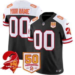 Men's Tampa Bay Buccaneers Active Player Custom Black-White 2025 F.U.S.E. 50th Season Patch Throwback Vapor Untouchable Limited Aternate Stitched Football Jersey - Custom Name