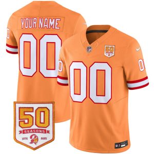 Men's Tampa Bay Buccaneers Active Player Custom Orange 2025 F.U.S.E. 50th Season Patch Throwback Vapor Untouchable Limited Stitched Football Jersey - Custom Name