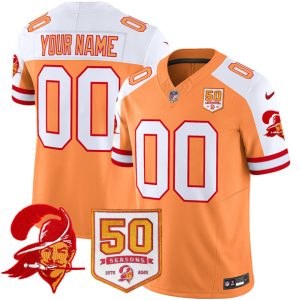 Men's Tampa Bay Buccaneers Active Player Custom Orange-White 2025 F.U.S.E. 50th Season Patch Throwback Vapor Untouchable Limited Aternate Stitched Football Jersey - Custom Name