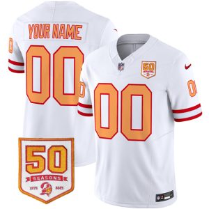 Men's Tampa Bay Buccaneers Active Player Custom White 2025 F.U.S.E. 50th Season Patch Throwback Vapor Untouchable Limited Stitched Football Jersey - Custom Name