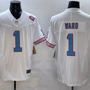 Men's Tennessee Titans #1 Cameron Ward White 2025 Draft F.U.S.E. 1997 Throwback Patch Vapor Limited Stitched Football Jersey - Custom Name