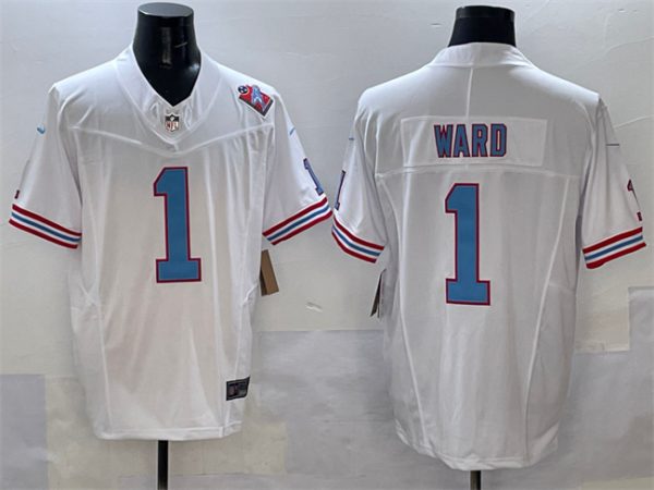 Men's Tennessee Titans #1 Cameron Ward White 2025 Draft F.U.S.E. 1997 Throwback Patch Vapor Limited Stitched Football Jersey - Custom Name