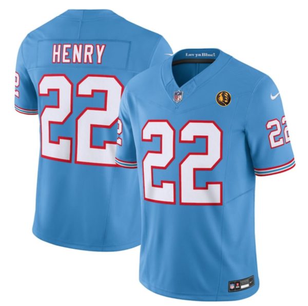 Men's Tennessee Titans #22 Derrick Henry Blue 2023 F.U.S.E. Throwback With John Madden Patch Vapor Limited Stitched Football Jersey - Custom Name