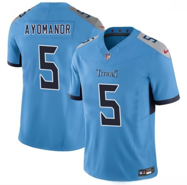 Men's Tennessee Titans #5 Elic Ayomanor Blue 2025 Draft F.U.S.E. Vapor Limited Stitched Football Jersey - Custom Name