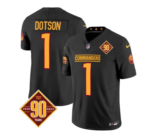 Men's Washington Commanders #1 Jahan Dotson Black 2023 F.U.S.E. 90th Anniversary Vapor Limited Stitched Football Jersey - Custom Name