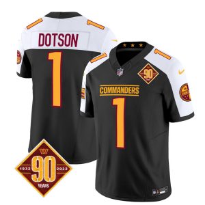 Men's Washington Commanders #1 Jahan Dotson Black White 2023 F.U.S.E. 90th Anniversary Vapor Limited Stitched Football Jersey - Custom Name