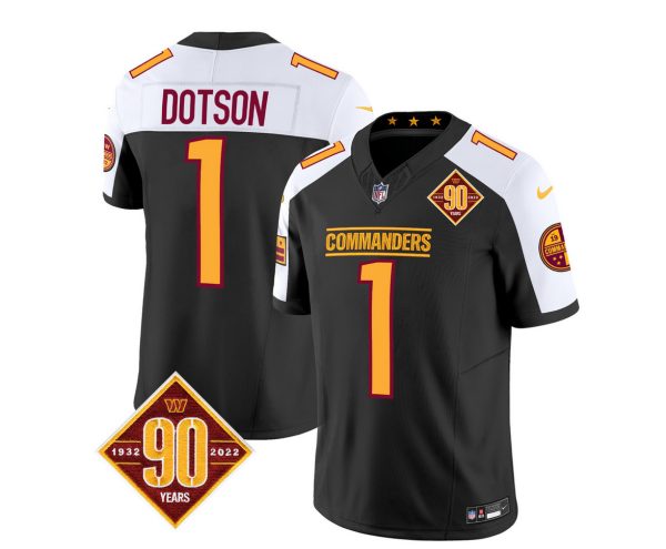Men's Washington Commanders #1 Jahan Dotson Black White 2023 F.U.S.E. 90th Anniversary Vapor Limited Stitched Football Jersey - Custom Name