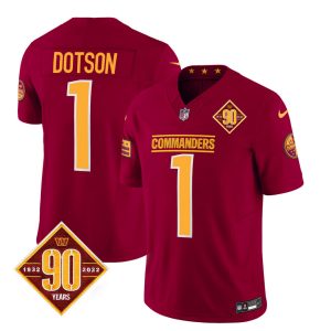 Men's Washington Commanders #1 Jahan Dotson Burgundy 2023 F.U.S.E. 90th Anniversary Vapor Limited Stitched Football Jersey - Custom Name