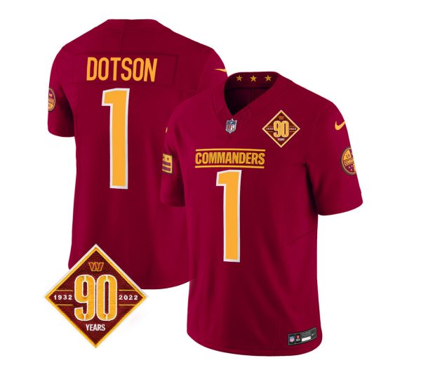 Men's Washington Commanders #1 Jahan Dotson Burgundy 2023 F.U.S.E. 90th Anniversary Vapor Limited Stitched Football Jersey - Custom Name