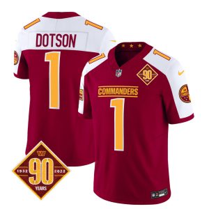 Men's Washington Commanders #1 Jahan Dotson Burgundy White 2023 F.U.S.E. 90th Anniversary Vapor Limited Stitched Football Jersey - Custom Name
