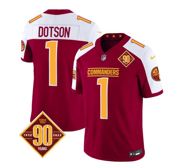 Men's Washington Commanders #1 Jahan Dotson Burgundy White 2023 F.U.S.E. 90th Anniversary Vapor Limited Stitched Football Jersey - Custom Name