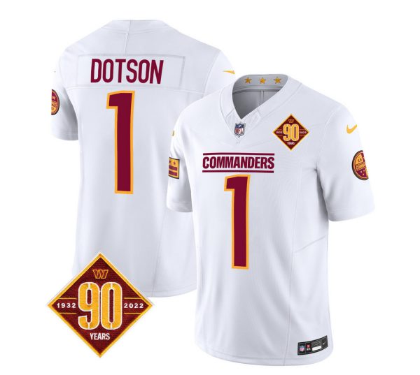 Men's Washington Commanders #1 Jahan Dotson White 2023 F.U.S.E. 90th Anniversary Vapor Limited Stitched Football Jersey - Custom Name