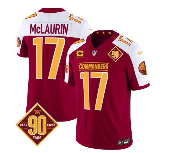 Men's Washington Commanders #17 Terry McLaurin Burgundy White 2023 F.U.S.E. 90th Anniversary Vapor Limited Stitched Football Jersey - Custom Name