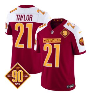 Men's Washington Commanders #21 Sean Taylor Burgundy White 2023 F.U.S.E. 90th Anniversary Vapor Limited Stitched Football Jersey - Custom Name