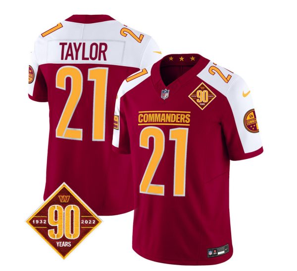 Men's Washington Commanders #21 Sean Taylor Burgundy White 2023 F.U.S.E. 90th Anniversary Vapor Limited Stitched Football Jersey - Custom Name