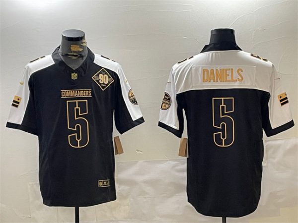 Men's Washington Commanders #5 Jayden Daniels Black Gold 2024 F.U.S.E. 90th Anniversary Vapor Limited Stitched Football Jersey - Custom Name